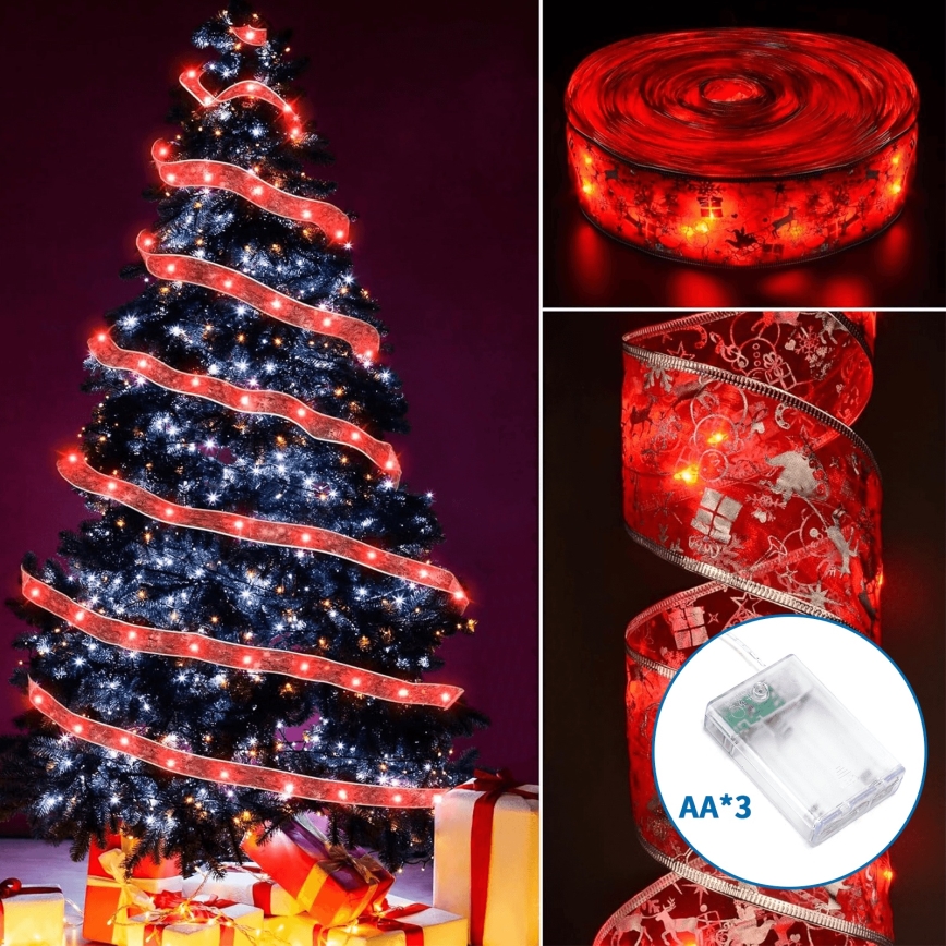 Aigostar - Cordão de Natal LED 50 LEDs/3xAA 5 m, branco quente, vermelho