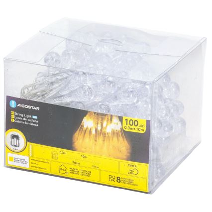 Aigostar - Cordão de Natal LED para exterior 100xLED/8 funções 3xAA 10 m IP44 branco quente gotas