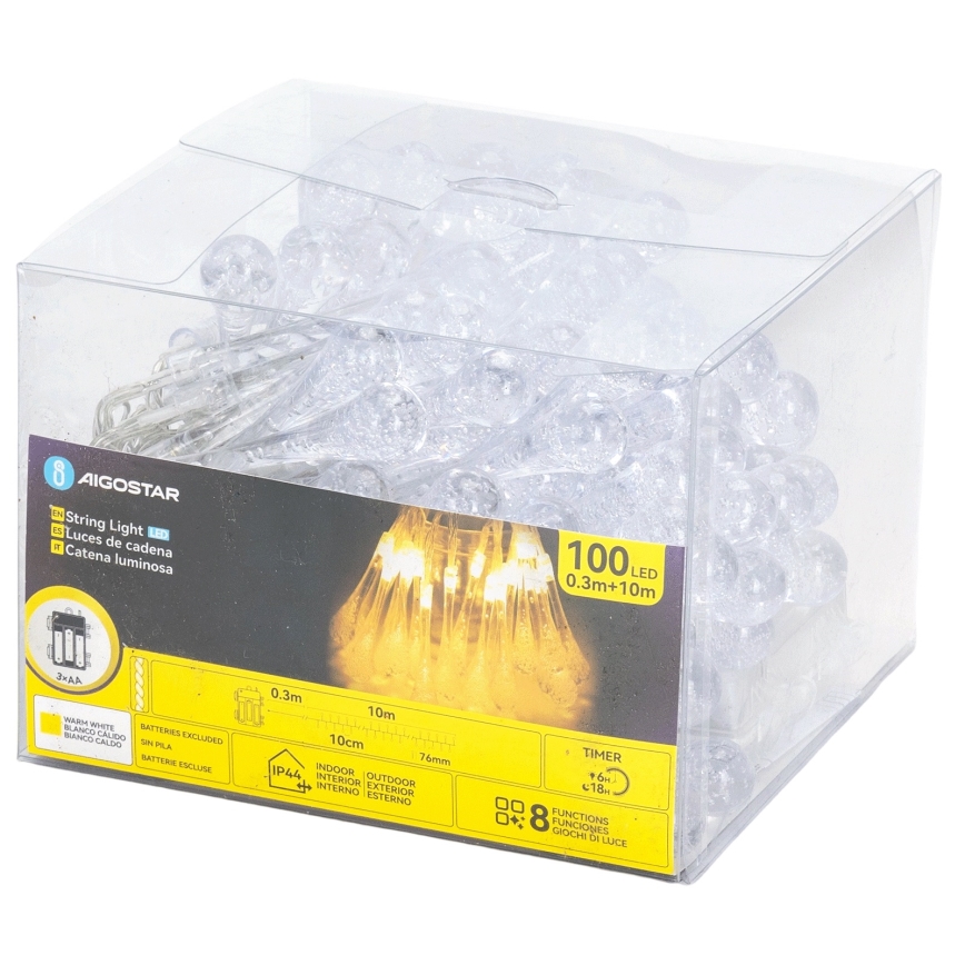 Aigostar - Cordão de Natal LED para exterior 100xLED/8 funções 3xAA 10 m IP44 branco quente gotas