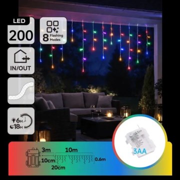 Aigostar - Cordão de Natal LED para exterior, 200 LEDs, 8 funções, alimentado por 3 pilhas AA, 13 x 0,6 m, IP44, multicolorido