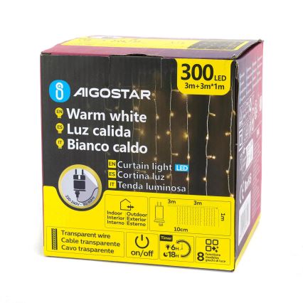 Aigostar - Guirlanda luminosa de Natal LED para exteriores 300 LEDs/8 funções 3x1m IP44 branco quente + comando à distância