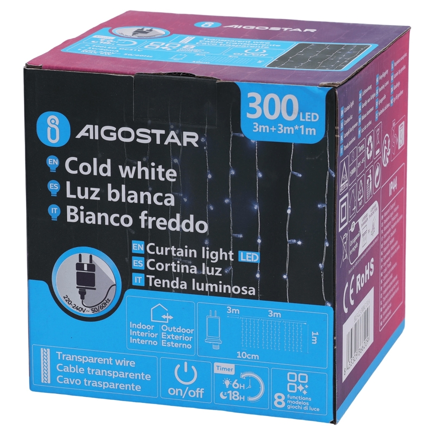 Aigostar - Guirlanda LED para exterior 300 LEDs/8 funções 3x1m IP44 branco frio + controlo remoto