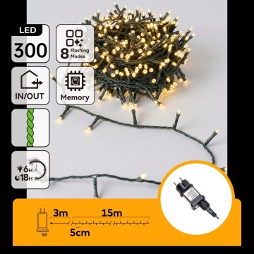 Aigostar - Cordão de Natal LED para Exterior 300xLED/8 funções 18m IP44 branco quente