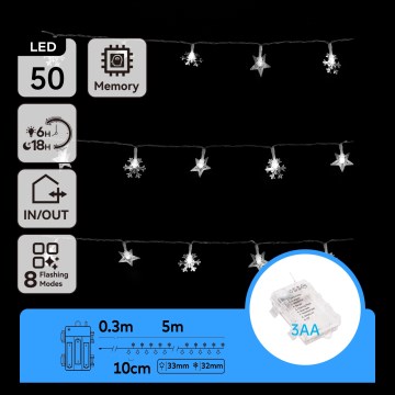 Aigostar - Cordão de Natal LED para exterior, 50 LEDs, 8 funções, 3x pilhas AA, 5 m, IP44, branco frio