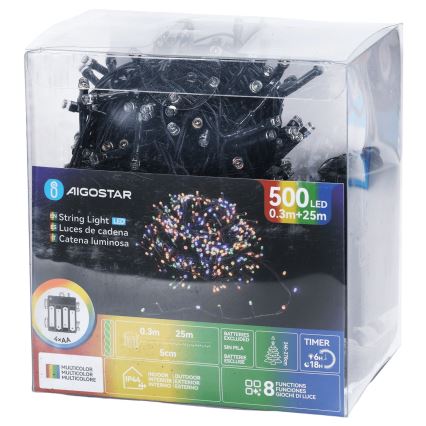 Aigostar - Guirlanda de Natal LED para exterior 500 LEDs / 8 funções 4x pilhas AA 25,3 m IP44 multicolorido