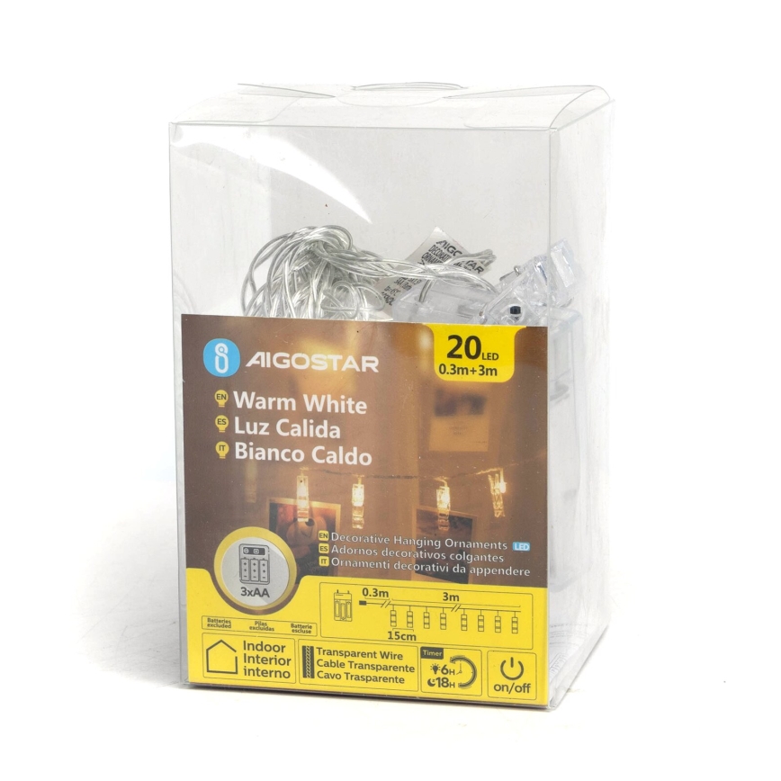 Aigostar - Cordão decorativo de LED com pregadores 20xLED/3xAA 3,3m branco quente