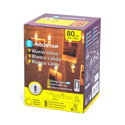 Aigostar - Cordão decorativo LED, 80 LEDs, 5 W, USB, 13 m, branco quente