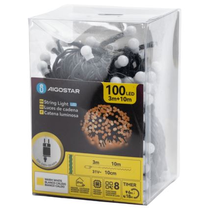 Aigostar - Cordão decorativo LED para exterior 100 LEDs/8 funções 10 m IP44 branco quente