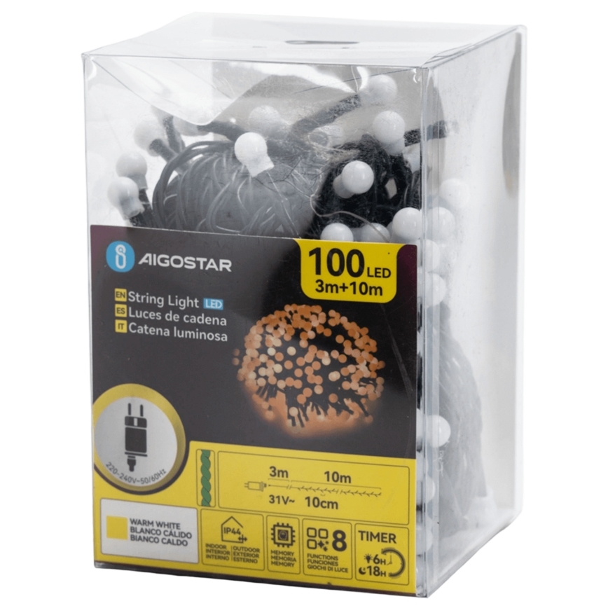 Aigostar - Cordão decorativo LED para exterior 100 LEDs/8 funções 10 m IP44 branco quente