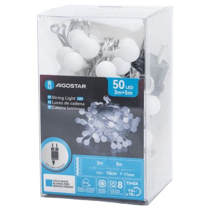 Aigostar - Guirlanda decorativa LED para exterior, 50 LEDs / 8 funções, 5 m, IP44, branco frio