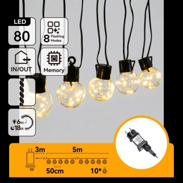 Aigostar - Cordão decorativo LED para exterior 80 LEDs / 8 funções 5 m IP44 branco quente