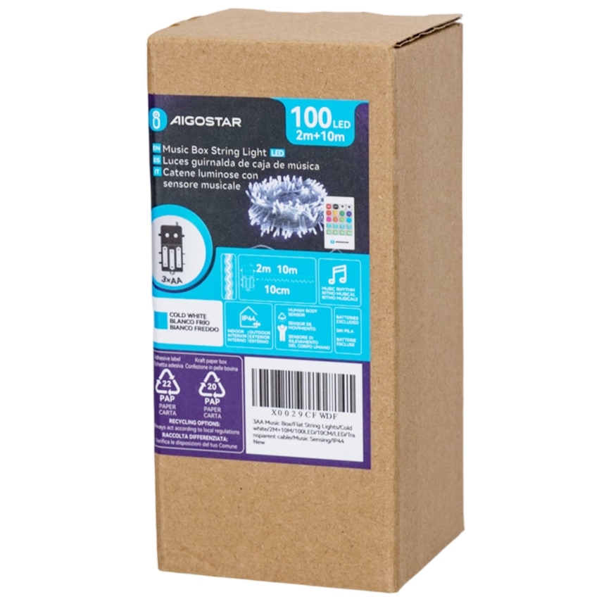Aigostar - LED dimerizável para exterior cordão de luzes de Natal com sensor de movimento 100xLED/3xAA 12m branco frio + controlo remoto