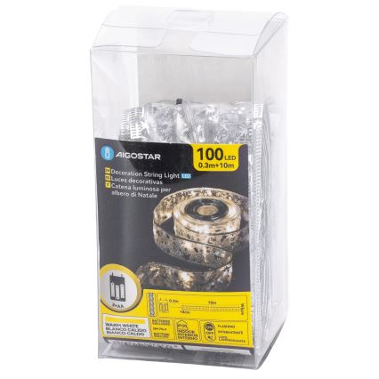 Aigostar - Cordão de luzes LED para Natal, 100 LEDs, 3x AA, 10 m, branco quente, prateado