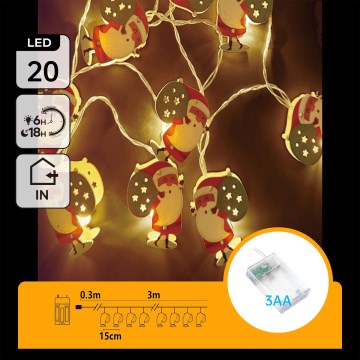 Aigostar - Cordão LED de Natal 20xLED/3xAA 3m branco quente Pai Natal