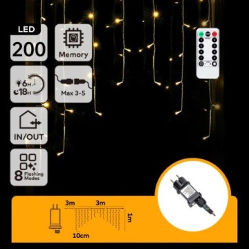 Aigostar - Cordão LED de Natal para exterior 200 LEDs/6W/230V/8 funções 3x1m IP44 branco quente + controlo remoto