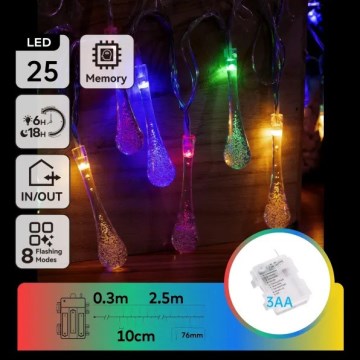 Aigostar - Cordão LED de Natal para exterior, 25 LEDs / 8 funções, 3x AA, 2,5 m, IP44, gotas multicoloridas