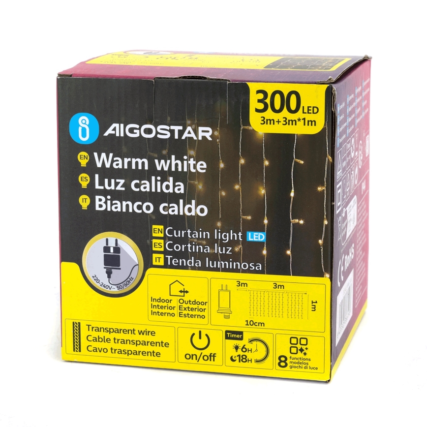 Aigostar - Guirlanda LED para exterior 300 LEDs/8 funções 3x1m IP44 branco quente + comando remoto