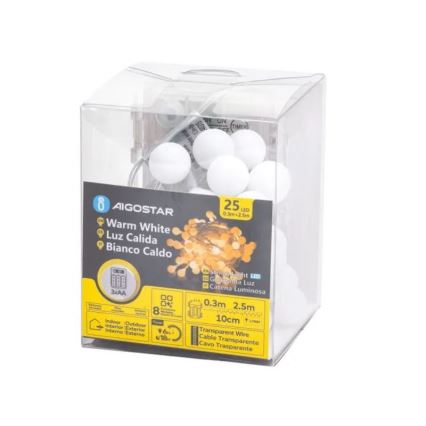Aigostar - Cordão LED exterior, 25 LEDs, 3xAA, 8 funções, 2,8 m, IP44, branco quente