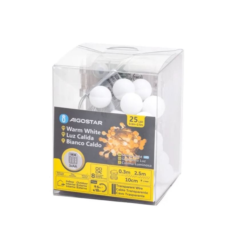 Aigostar - Cordão LED exterior, 25 LEDs, 3xAA, 8 funções, 2,8 m, IP44, branco quente