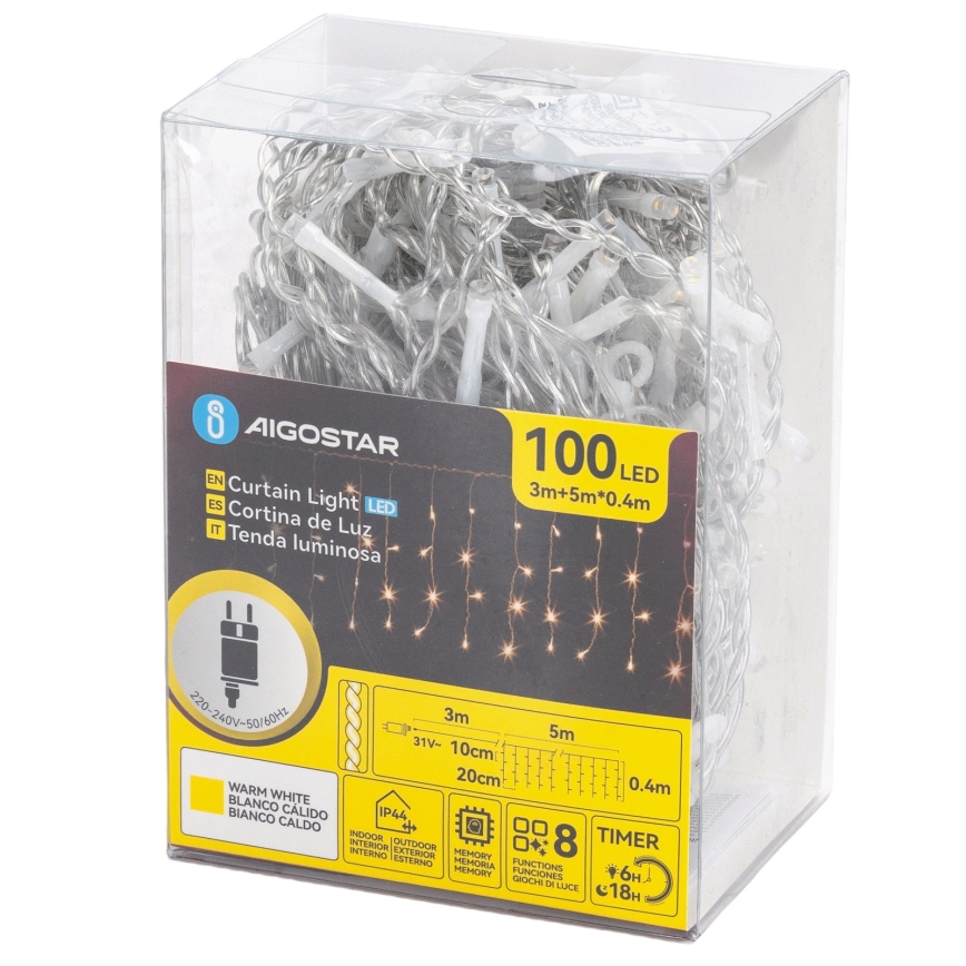 Aigostar - Cordão LED para exterior 100 LEDs/8 funções 5x0,4m IP44 branco quente