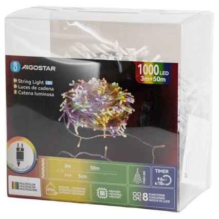 Aigostar - Cordão LED para exterior 1000 LEDs / 8 funções, 53 m, IP44, multicolorido