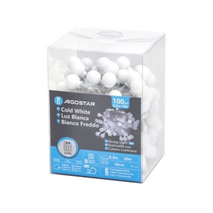 Aigostar - Guirlanda LED para exterior, 100 LEDs, 3x pilhas AA, 8 funções, 10,3 m, IP44, branco frio