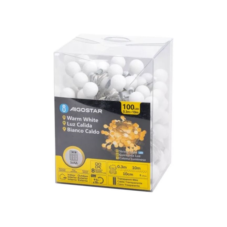Aigostar - Guirlanda LED para exterior 100xLED/3xAA/8 funções 10,3 m IP44 branco quente