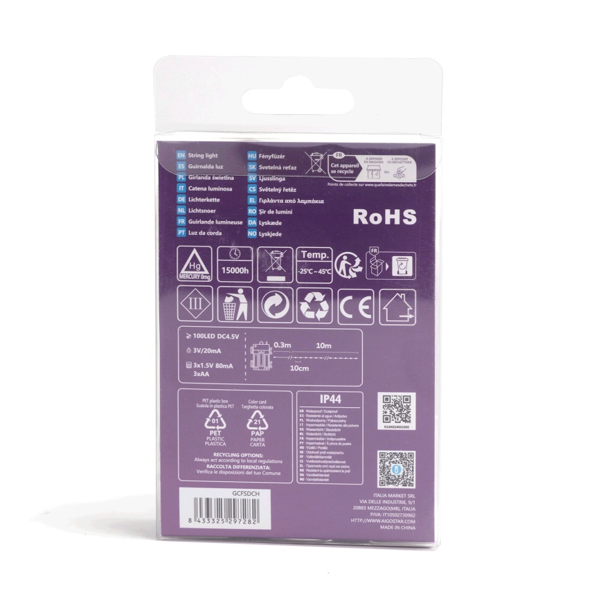 Aigostar - Guirlanda LED exterior, 100 LEDs, 8 funções, 3x pilhas AA, 10,3 m, IP44, multicolorido