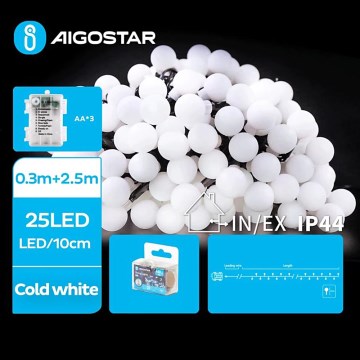 Aigostar - Cordão LED para exterior 25xLED/3xAA/8 funções 2,8 m IP44 branco frio