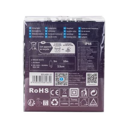 Aigostar - Cordão LED para exterior, 400 LEDs / 8 funções, 13 m, IP44, branco frio
