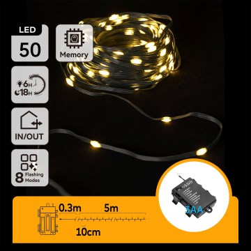 Aigostar - Cordão LED para exterior, 50 LEDs, 8 modos, 3x pilhas AA, 5,3 m, IP44, branco quente