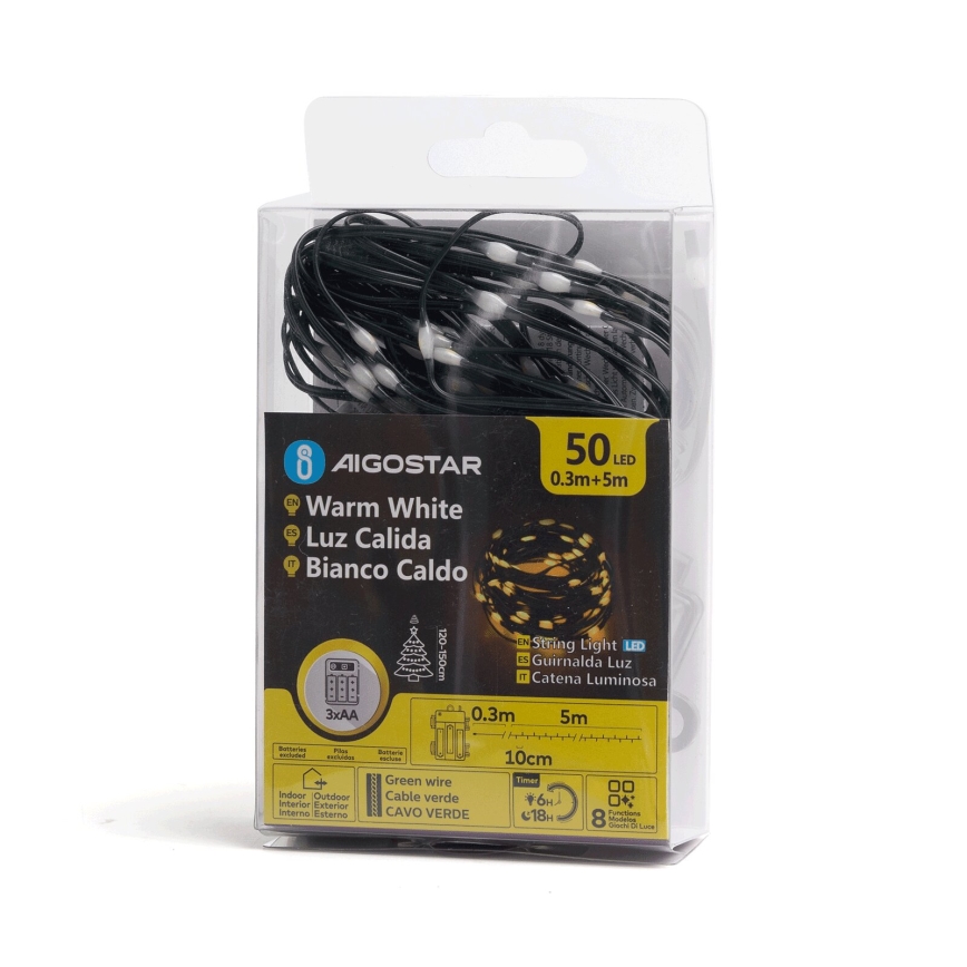 Aigostar - Cordão LED para exterior, 50 LEDs, 8 modos, 3x pilhas AA, 5,3 m, IP44, branco quente