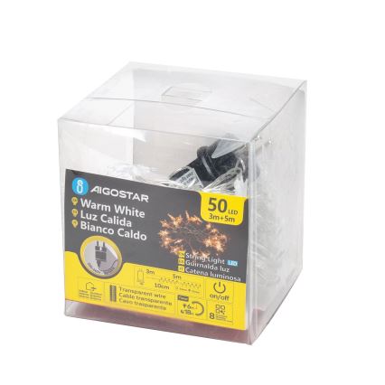 Aigostar - Cordão LED para exterior, 50 LEDs, 8 modos, 8 m, IP44, branco quente