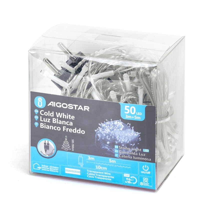 Aigostar - Cordão LED para exterior 50xLED/8 funções 8m IP44 branco frio