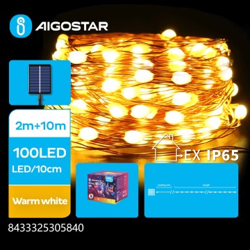 Aigostar - Cordão LED solar de Natal 100xLED/8 funções 12m 800 mAh IP65 branco quente