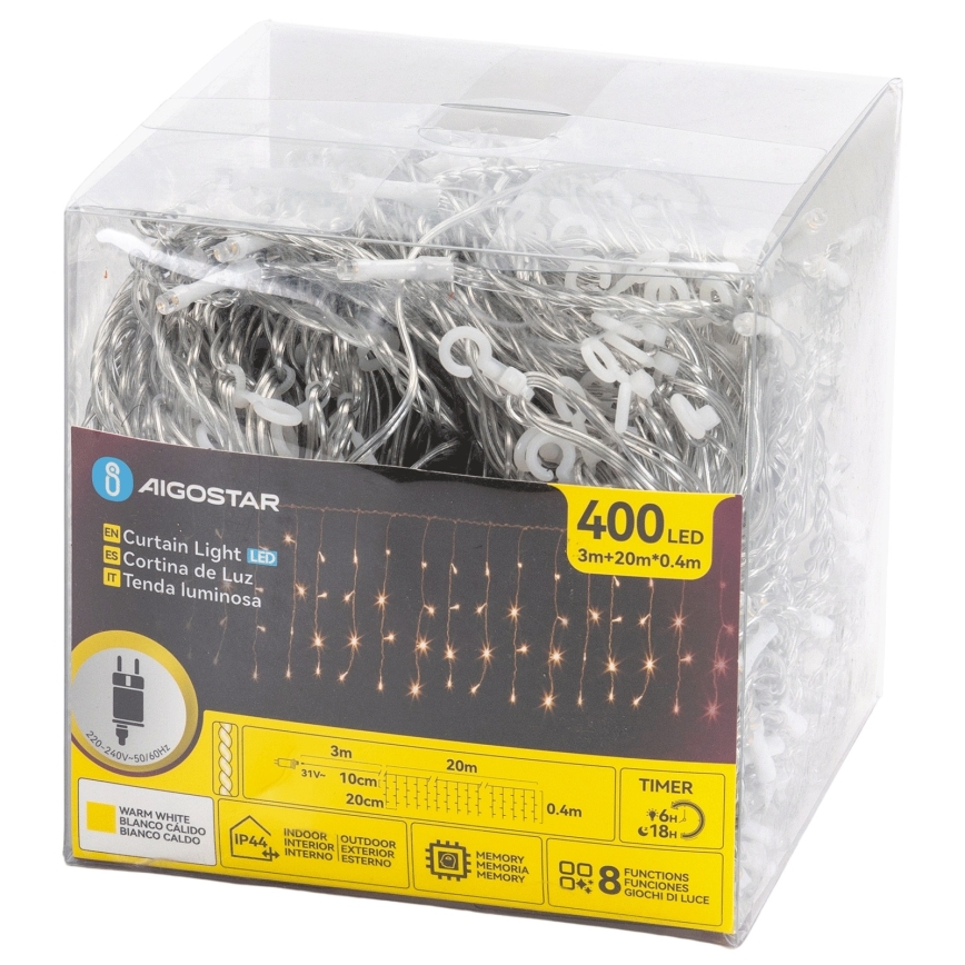 Aigostar - Cordão de luzes de Natal LED para exterior 400 LEDs/8 funções 20x0,4m IP44 branco quente