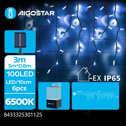 Aigostar - Guirlanda solar LED 100 LEDs, 8 modos, 8 x 0,6 m, bateria 500 mAh, IP65, branca fria