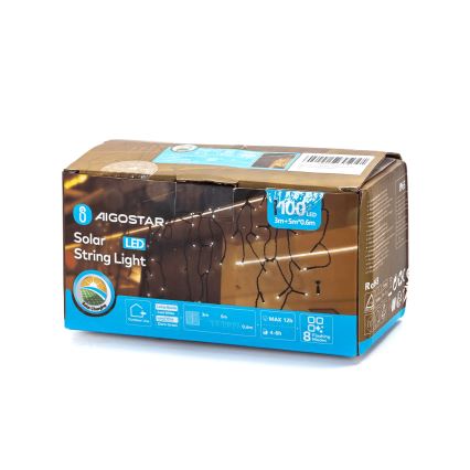 Aigostar - Guirlanda solar LED 100 LEDs, 8 modos, 8 x 0,6 m, bateria 500 mAh, IP65, branca fria