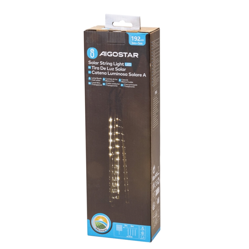 Aigostar - Guirlanda LED solar 192xLED/8m IP65 1200 mAh branco frio