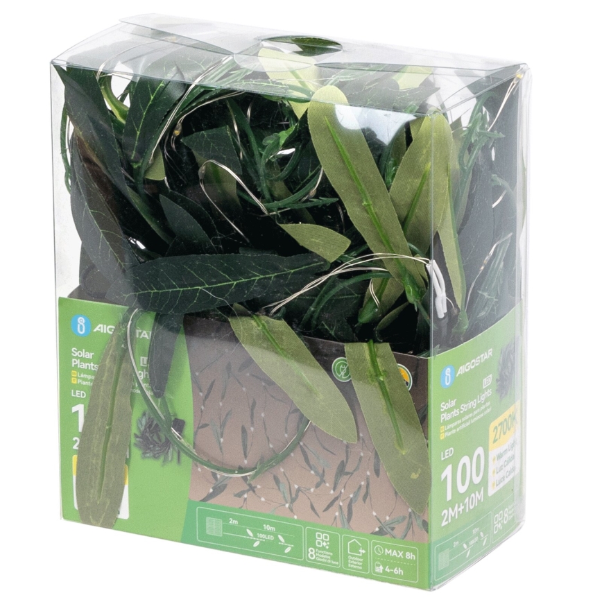Aigostar - Fio de Luz Solar LED 100xLED/12m IP65 300 mAh branco quente olive