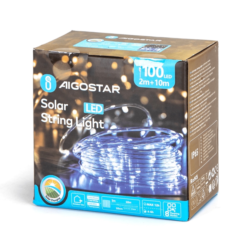 Aigostar - Cordão solar de LED 100 LEDs/8 funções 12 m IP65 branco frio 800 mAh
