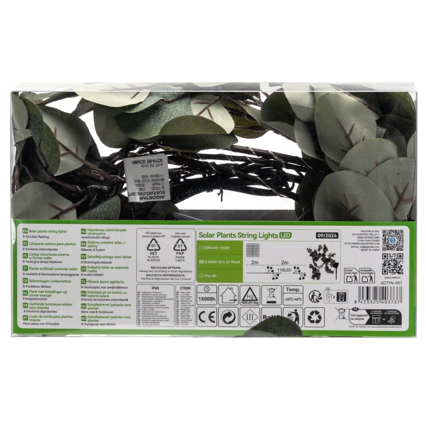 Aigostar - Fio de luz solar LED 110xLED/4m IP65 300 mAh branco quente eucalipto