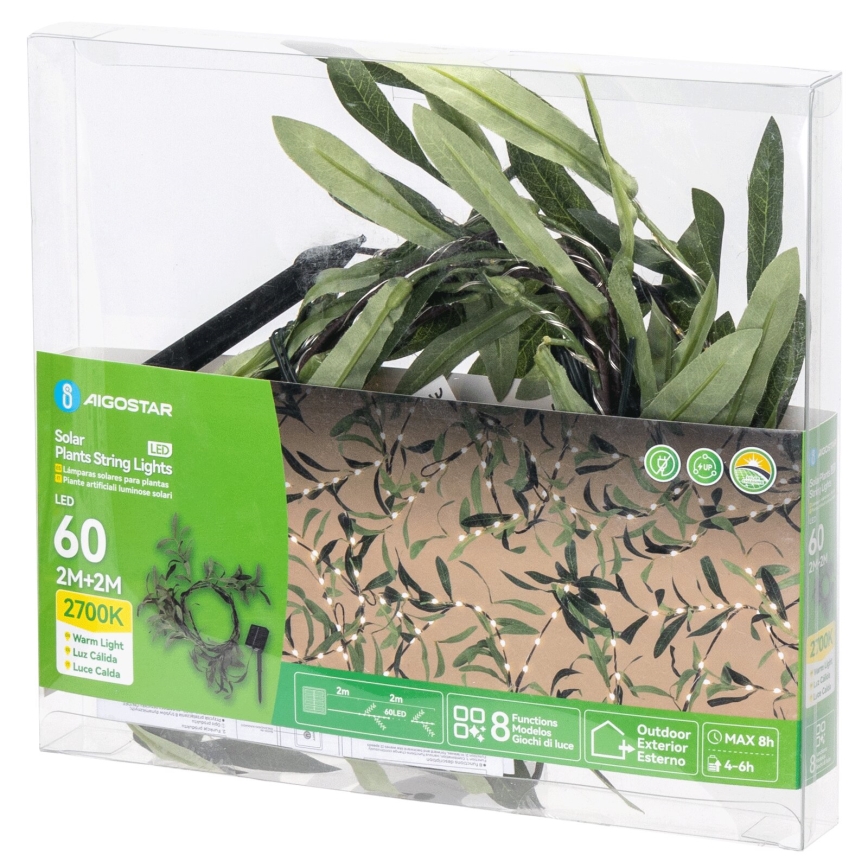 Aigostar - Fio de luz solar LED 60xLED/4m IP65 300 mAh branco quente olive