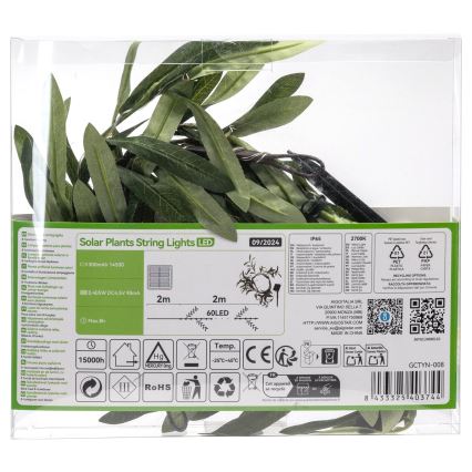 Aigostar - Fio de luz solar LED 60xLED/4m IP65 300 mAh branco quente olive