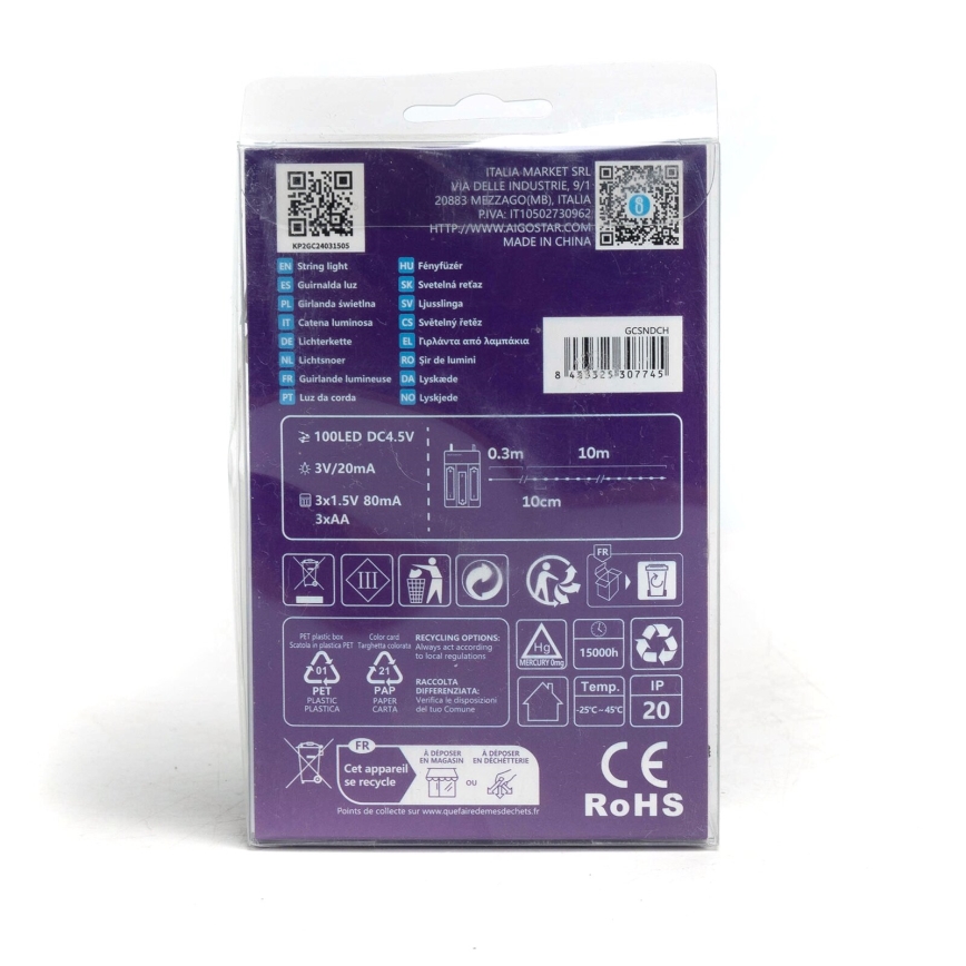 Aigostar - Corrente de Natal LED 100xLED/3xAA 10,3m branco frio