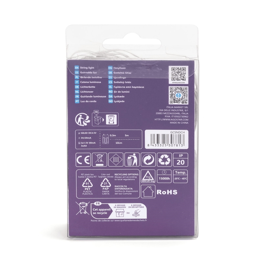 Aigostar - Corrente de Natal LED 50xLED/3xAA 5,3m branco quente