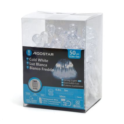 Aigostar - Corrente decorativa exterior LED 50xLED/8 funções/3xAA 5,3m IP44 branco frio