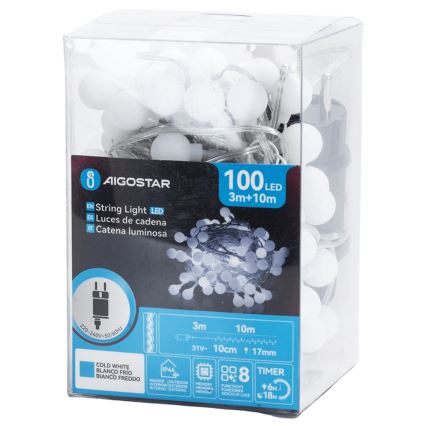 Aigostar - Guirlanda LED decorativa para exterior 100 LEDs/8 funções 10 m IP44 branca fria