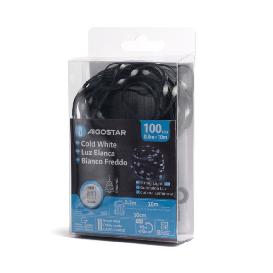 Aigostar - Corrente exterior de Natal LED 100xLED/8 funções/3xAA 10,3m IP44 branco frio