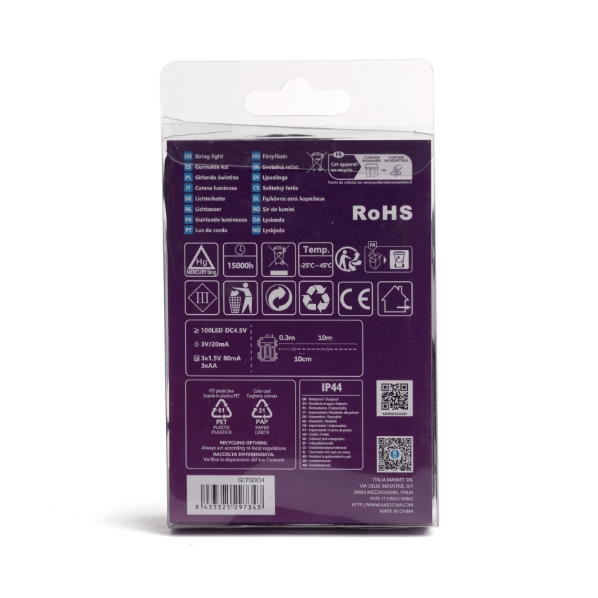 Aigostar - Corrente exterior de Natal LED 100xLED/8 funções/3xAA 10,3m IP44 branco frio